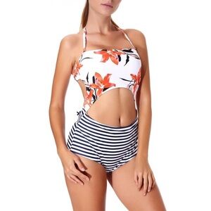 CUPSHE Halter One Piece High Waist Floral Stripe Bikini Swimwear in size Small